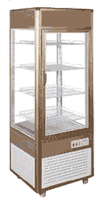 Armario expositor cristal a 4 caras. Modelo AEC-4.  Oro. Temperatura  2º/8ºC. Capacidad 330 lt. Medidas: 594*594*1850 mm.